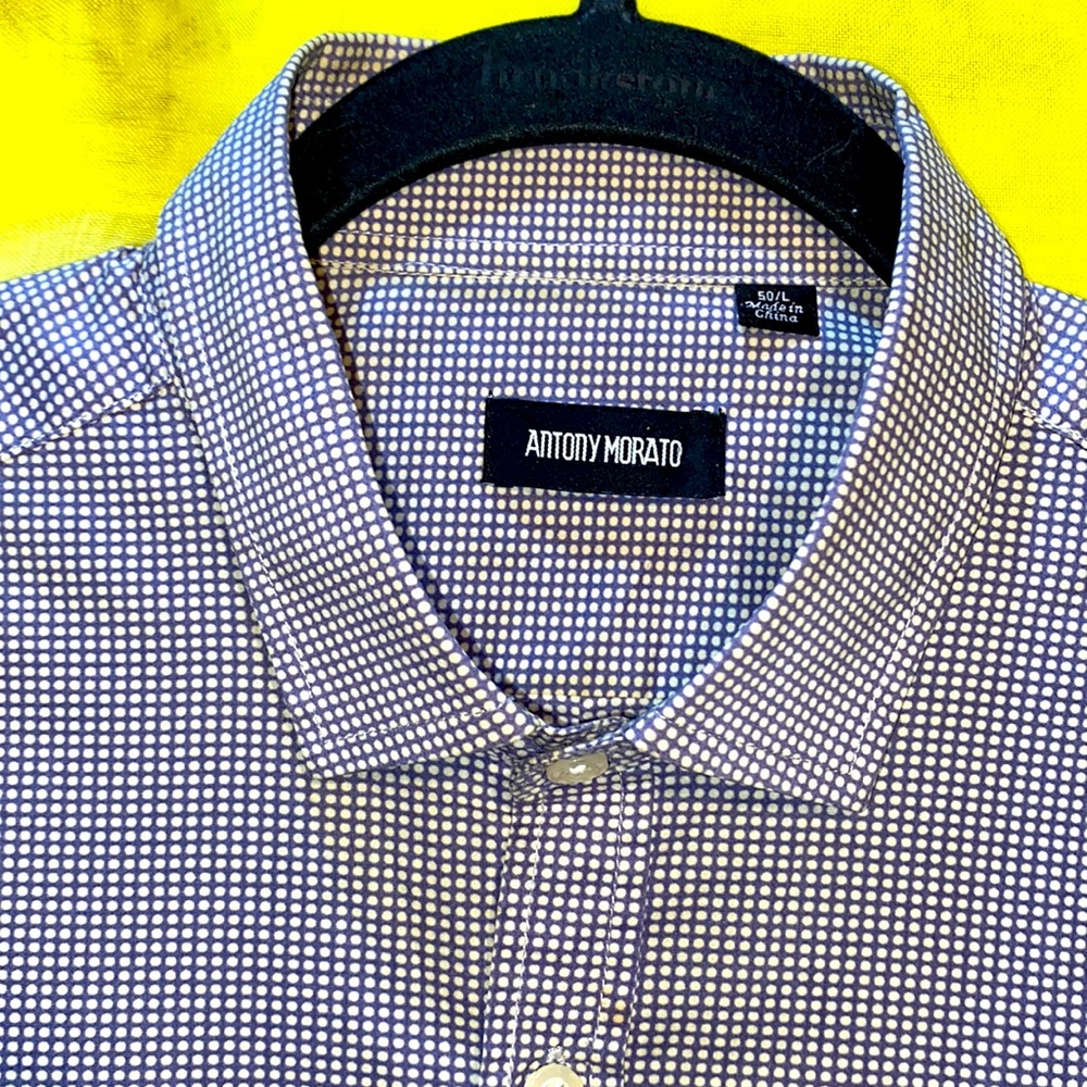 MEN ANTONY MORATO FINE-CHECKERED BLUE/WHITE BUTTON-DOWN DRESS SHIRT SZ L